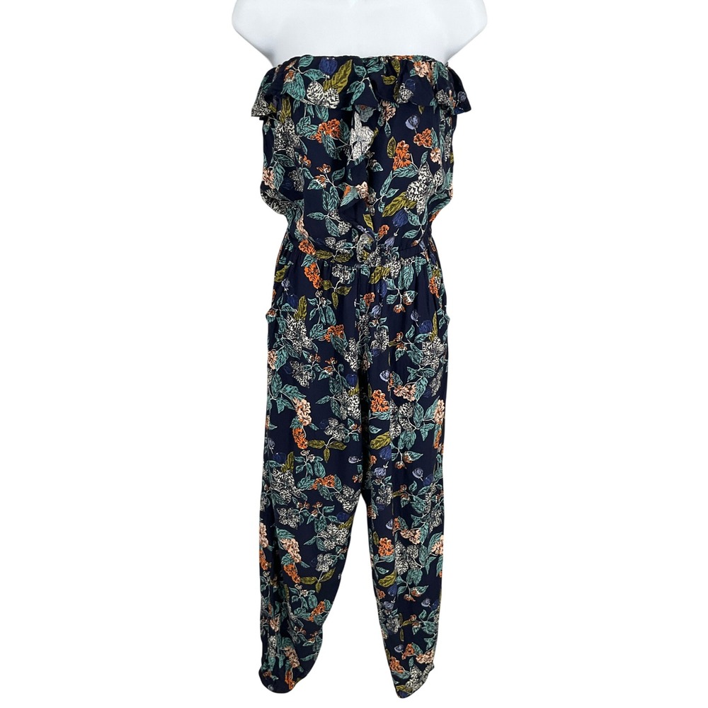Angie Jumpsuit Women M Navy Floral Strapless Ruffle Bohemian Botanical Romantic‎